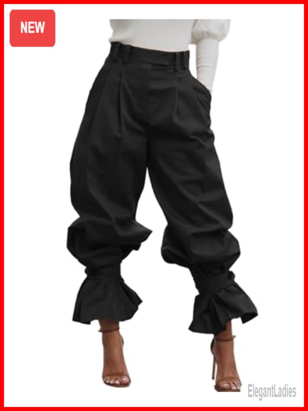 Pleated Wide Leg Dress Pants High Waisted Ruffle Hem Trousers